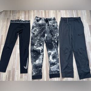Nike Kids Black Pants Bundle: Compression Leggings & (2) Joggers Youth Medium